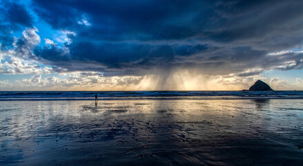 Person standing on beach with incoming storm.
