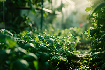 Fototapeta na wymiar Fresh vegetables growing in a home greenhouse.