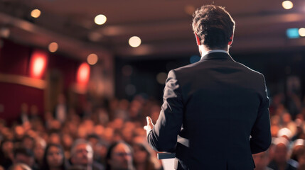 Back view of a businessman giving a speech on the stage