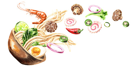 Bowl with Asian Seafood  soup Ramen with flying ingredients, Hand drawn watercolor illustration   isolated on white background