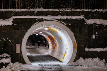 Stockholm, Sweden  A pedestrian tunnel in the Fruangen district in winter.