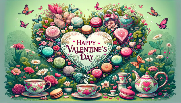 Illustration the various sweets and desserts arranged for greeting someone with love in Valentines day.