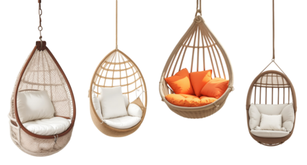 Set collection of modern swing chairs with pillows isolated on transparent background. Generative AI