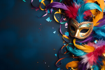 Carnival flat lay with golden carnival mask with colorful feathers, confetti on blue background...