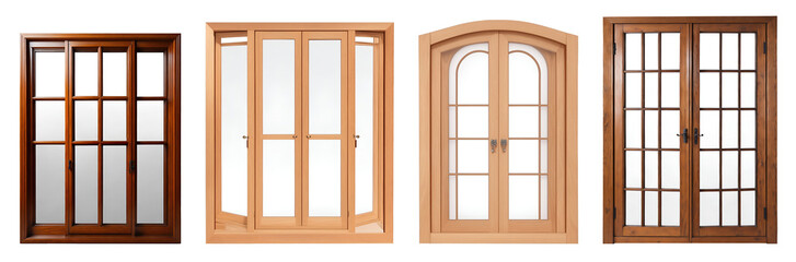 Set of various stylish wooden glass windows isolated on transparent background. Generative AI