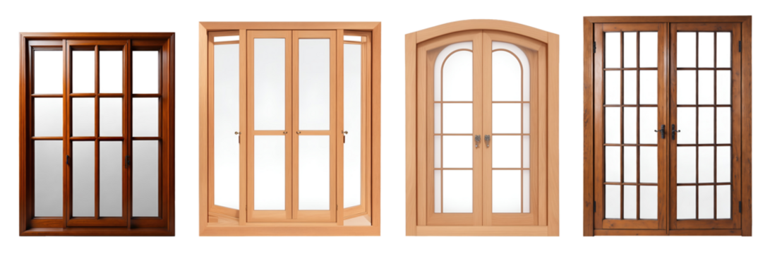 Set of various stylish wooden glass windows isolated on transparent background. Generative AI