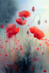 Watercolor illustration of red poppies in a field. Watercolor paper texture visible.