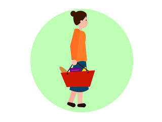 Woman with food purchases. Flat design. On greein background