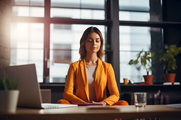 A woman is meditating in the office at the workplace