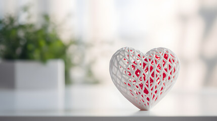 Closeup of a beautiful ornament heart on a white table - copyspace