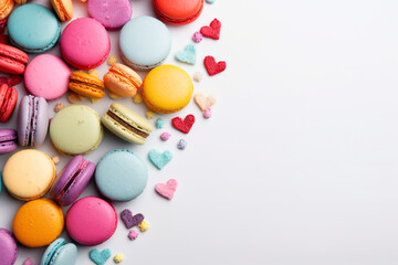 Fototapeta na wymiar Macaroon Cakes and Heart-Shaped Confections on a Pure White Background - A Perfect Canvas for Your Valentine's Day Card, Offering a Delicious Visual Treat and a Space for Your Text