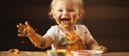 cute baby playing with paint