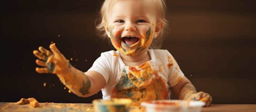 cute baby playing with paint