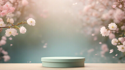 Cherry blossom background green minimal podium for product display. 3D render - obrazy, fototapety, plakaty