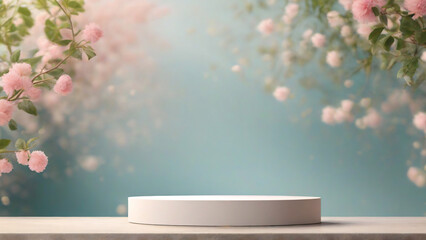 minimal product display white podium with cherry blossom background, 3d render - obrazy, fototapety, plakaty