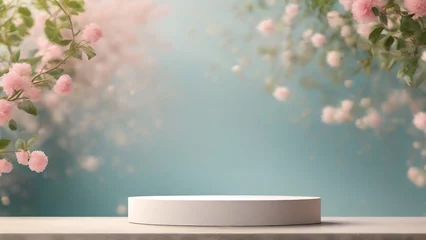 Fotobehang minimal product display white podium with cherry blossom background, 3d render © SeanJVision