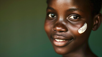 Fototapeta premium Close-up beauty shot featuring the face of a young brunette woman with a small drop of cream on her skin. Promotional image for a cream emphasizing good skin health. Green background.