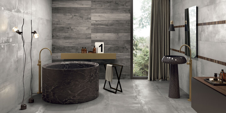 Luxury stylish bathroom with grey marble walls, grey tiled floor, double sink with mirrors above it, round black bathtub, and shower stall with glass doors. 3D Rendering