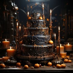 Dark cake with pumpkins and candles