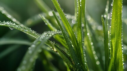 Fototapeta na wymiar Fresh Dew Drops Glistening on Green Grass Blades in a Tranquil Morning Setting