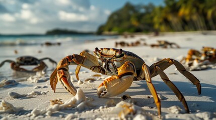 Crab Scuttling on the Sandy Beach, an Intriguing Example of Coastal Wildlife in its Natural Habitat - obrazy, fototapety, plakaty