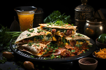 Fototapeta na wymiar Andouille and poblano quesadillas, fast food, dramatic studio lighting and a shallow depth of field. Placed on a reflective black surface.no.03