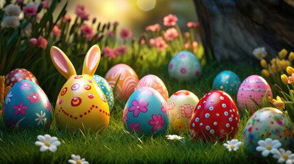 Obraz na płótnie Canvas Decorated Easter eggs placed on a grassy surface