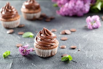 Chocolate cupcakes. Freshly baked homemade cupcakes with mint leaves and lilac flowers on a gray background. Home baking concept. Soft focus