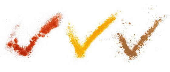 Set spice, red paprika ground, turmeric powder and cinnamon pile in shape sign yes, checkmark...