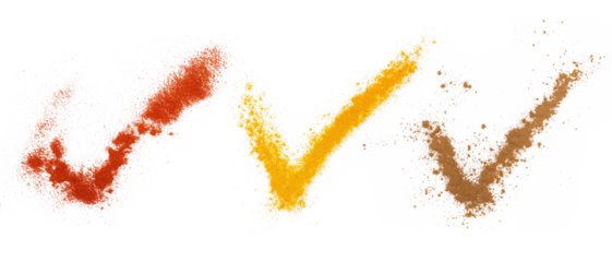 Set spice, red paprika ground, turmeric powder and cinnamon pile in shape sign yes, checkmark isolated on white background, top view