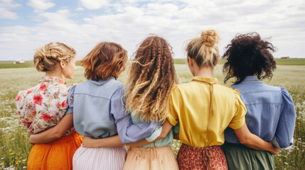 Group of Women Embracing in a Flowering Meadow