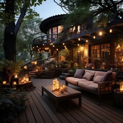 Darkening deck with outdoor furniture and lights
