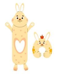 Large rabbit plush toy and neck pillow bunny. Soft large anti-stress cuddly oversized pillow toy for sleeping and playing. Isolated vector illustrations in flat style.