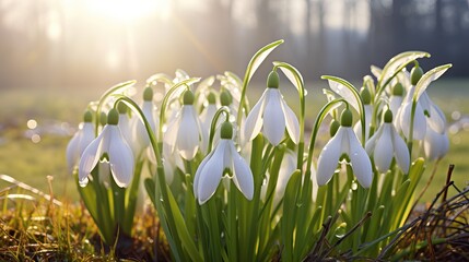Spring Snowdrops: Close-Up Against Rays of Rising Sun