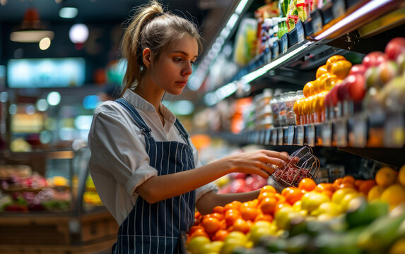 The staff  working at the supermarket as a cashier is diligent Working on handling customer payments and managing a branch.