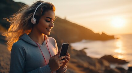 Young woman using smartphone and headphones to exercise on the beach - obrazy, fototapety, plakaty