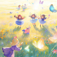 a many little girls in a field of flowers and butterflies