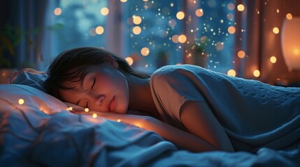 portrait of a woman is sleeping on the bed at night with with soft lighting.