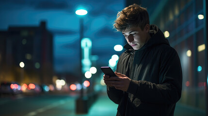 Fototapeta na wymiar Young man in a green jacket is focused on his smartphone at night with city lights creating a bokeh effect in the background.