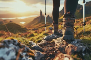 Female Hiker with Trekking Sticks on a Journey Through the Rugged Landscapes of the Isle of Skye in the Scottish Inner Hebrides Highlands - obrazy, fototapety, plakaty