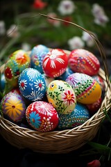 Fototapeta premium beautiful decorated eggs in the basket on Easter day