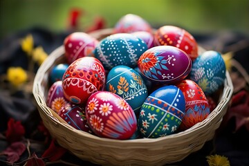 Fototapeta na wymiar beautiful decorated eggs in the basket on Easter day
