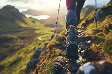 Female Hiker with Trekking Sticks on a Journey Through the Rugged Landscapes of the Isle of Skye in the Scottish Inner Hebrides Highlands