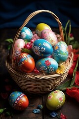 Fototapeta na wymiar beautiful decorated eggs in the basket on Easter day