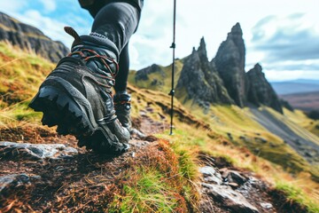 Female Hiker with Trekking Sticks on a Journey Through the Rugged Landscapes of the Isle of Skye in the Scottish Inner Hebrides Highlands - obrazy, fototapety, plakaty