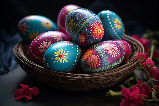 beautiful decorated eggs in the basket on Easter day
