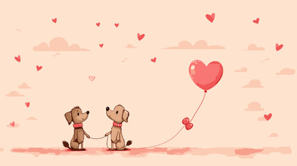 Obraz premium copy space, simple vector valentine cute dogs couple falling in love, handdrawn. Cute valentine card with dogs. Beautiful background or for valentine’s day. Beautiful background. Valentine’s card.
