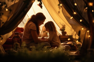 Obraz na płótnie Canvas mother and daughter spend time together in a camping tent in the countryside