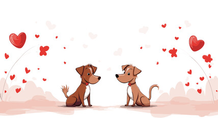 Fototapeta premium copy space, simple vector valentine cute dogs couple falling in love, handdrawn. Cute valentine card with dogs. Beautiful background or for valentine’s day. Beautiful background. Valentine’s card.