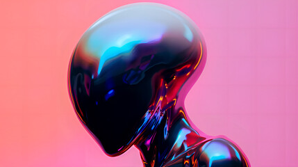 Iridescent Colorful Alien With White and Black Head Profile and Pink Gradient Background 